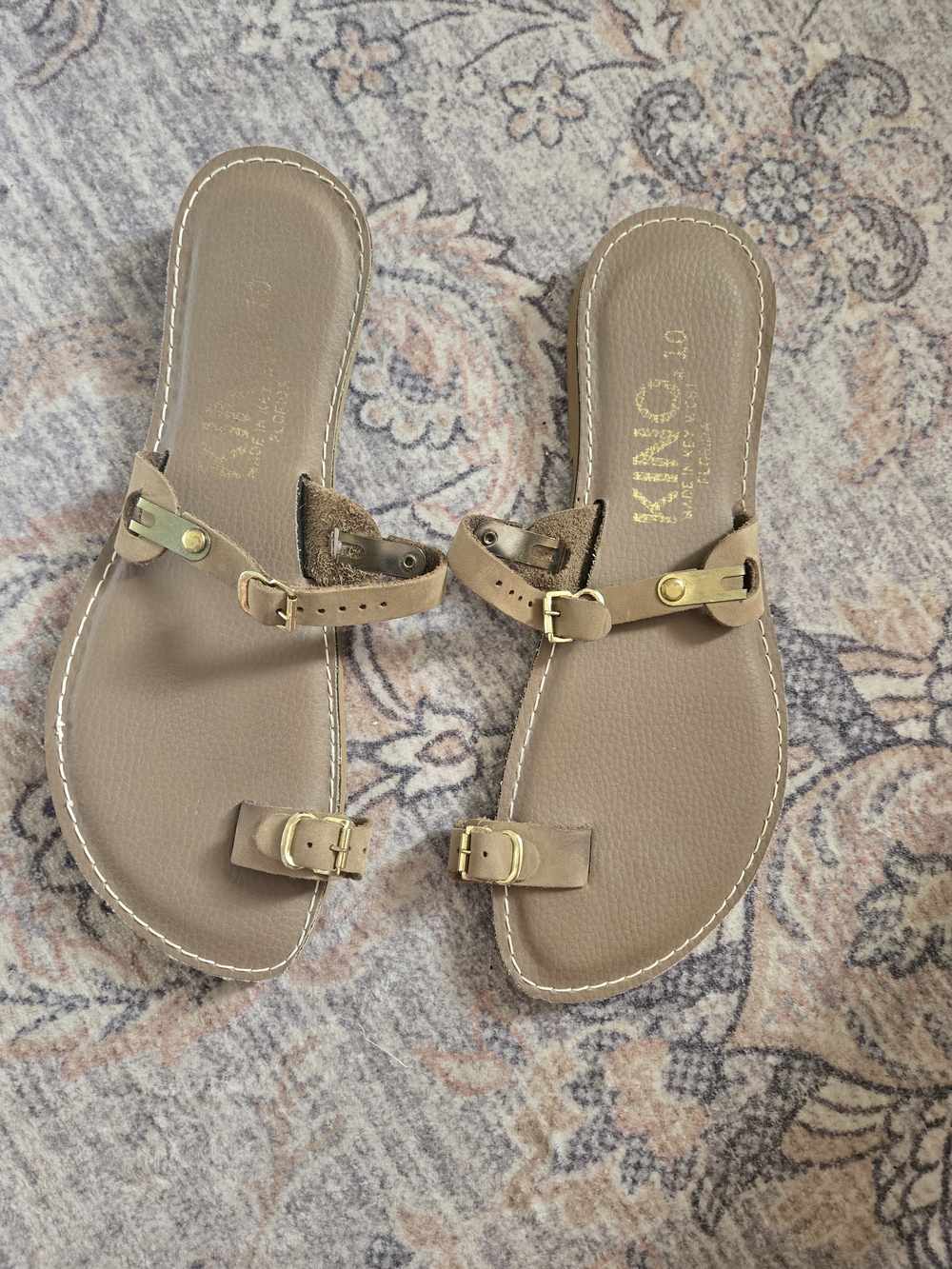 Kino Tan Leather Toe-Ring Slide Sandals with Gold Buckles